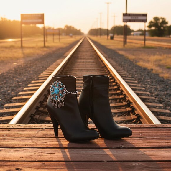 Women 2PCS Silver Metal Boot Chain Bracelet Shoe Anklets Turquoise Flower Ethnic - Picture 10 of 17